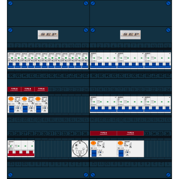 Schotman Elektro B.V. - SEP FS63A, 1xHoofdschakelaar, 5xAardlekschakelaar-Type B, 12xInstallatieautomaat, 6xKrachtgroep, 1xContactdoos, 3 Fase