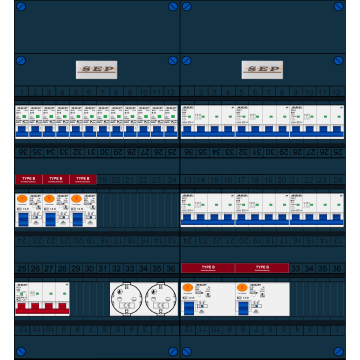 Schotman Elektro B.V. - SEP FS63A, 1xHoofdschakelaar, 5xAardlekschakelaar-Type B, 12xInstallatieautomaat, 6xKrachtgroep, 2xContactdoos, 3 Fase