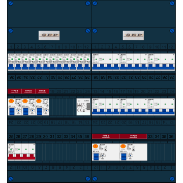 Schotman Elektro B.V. - SEP FS63A, 1xHoofdschakelaar, 5xAardlekschakelaar-Type B, 12xInstallatieautomaat, 6xKrachtgroep, 1xBeltrafo, 3 Fase