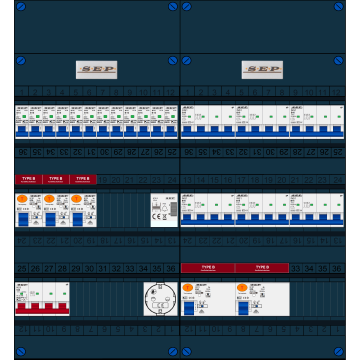 Schotman Elektro B.V. - SEP FS63A, 1xHoofdschakelaar, 5xAardlekschakelaar-Type B, 12xInstallatieautomaat, 6xKrachtgroep, 1xBeltrafo, 1xContactdoos, 3 Fase