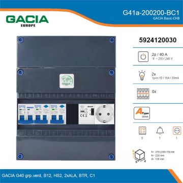 GACIA G41a-200200-BC1, 1-fase groepenkast 40A met aardlekautomaten, 2-groepen, beltrafo, 1V-contactdoos, details