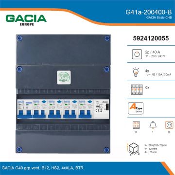GACIA G41a-200400-B, 1-fase groepenkast 40A met aardlekautomaten, 4-groepen, beltrafo, details