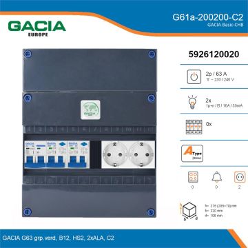 GACIA G61a-200200-C2, 1-fase groepenkast 63A met aardlekautomaten, 2-groepen, 2V-contactdoos, details