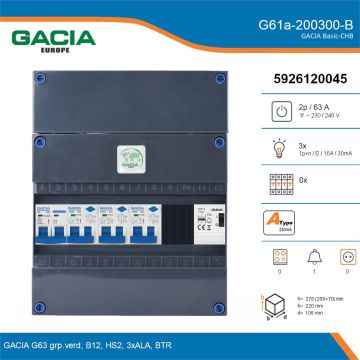 GACIA G61a-200300-B, 1-fase groepenkast 63A met aardlekautomaten, 3-groepen, beltrafo, details