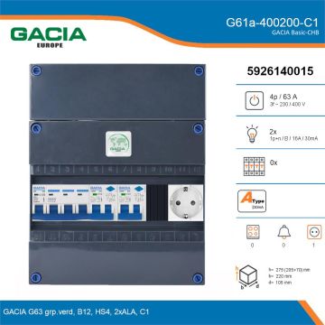 GACIA G61a-400200-C1, 3-fase groepenkast 63A met aardlekautomaten, 2-groepen, 1V-contactdoos, details