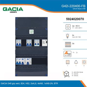 GACIA G42i-220400-FB, 1-fase groepenkast 40A met installatieautomaten, 5-groepen, fornuisgroep, beltrafo, technische gegevens