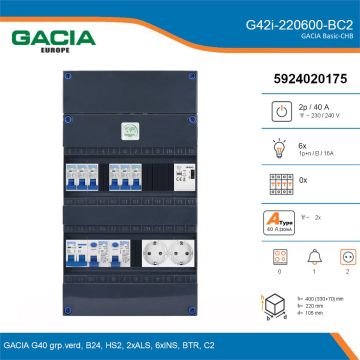 GACIA G42i-220600-BC2, 1-fase groepenkast 40A met installatieautomaten, 6-groepen, beltrafo, 2V-contactdoos, details