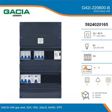 GACIA G42i-220600-B, 1-fase groepenkast 40A met installatieautomaten, 6-groepen, beltrafo, details