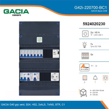 GACIA G42i-220700-BC1, 1-fase groepenkast 40A met installatieautomaten, 7-groepen, beltrafo, 1V-contactdoos, details