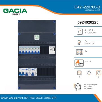 GACIA G42i-220700-B, 1-fase groepenkast 40A met installatieautomaten, 7-groepen, beltrafo, details