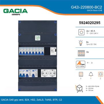 GACIA G42i-220800-BC2, 1-fase groepenkast 40A met installatieautomaten, 8-groepen, beltrafo, 2V-contactdoos, details