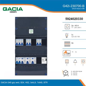 GACIA G42i-230700-B, 1-fase groepenkast 40A met installatieautomaten, 7-groepen, beltrafo, details