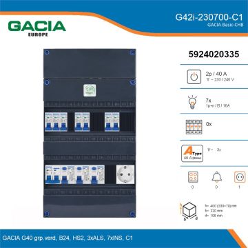 GACIA G42i-230700-C1, 1-fase groepenkast 40A met installatieautomaten, 7-groepen, 1V-contactdoos, details