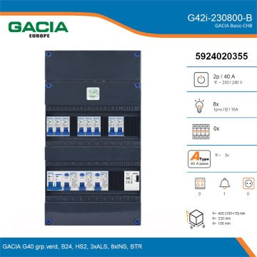 GACIA G42i-230800-B, 1-fase groepenkast 40A met installatieautomaten, 8-groepen, beltrafo, details