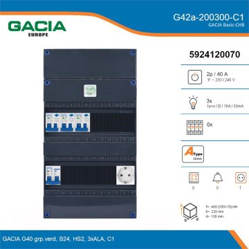 GACIA G42a-200300-C1, 1-fase groepenkast 40A met aardlekautomaten, 3-groepen, 1V-contactdoos, details