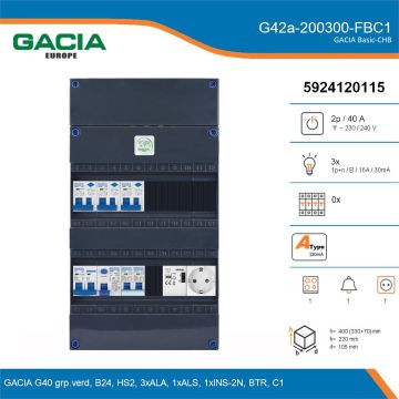 GACIA G42a-200300-FBC1, 1-fase groepenkast 40A met aardlekautomaten, 4-groepen, fornuisgroep, beltrafo, 1V-contactdoos, details
