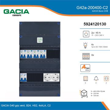 GACIA G42a-200400-C2, 1-fase groepenkast 40A met aardlekautomaten, 4-groepen, 2V-contactdoos, details