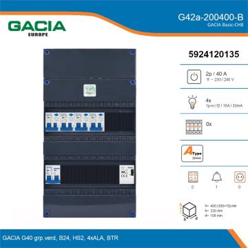 GACIA G42a-200400-B, 1-fase groepenkast 40A met aardlekautomaten, 4-groepen, beltrafo, details