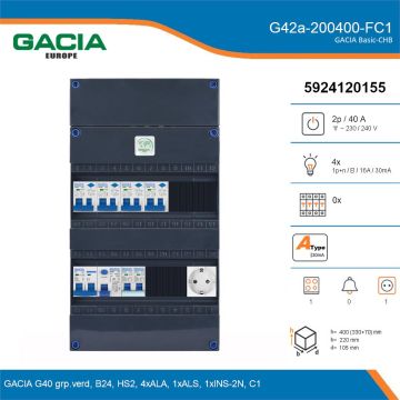 GACIA G42a-200400-FC1, 1-fase groepenkast 40A met aardlekautomaten, 5-groepen, fornuisgroep, 1V-contactdoos, details