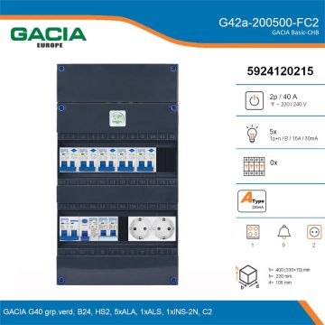GACIA G42a-200500-FC2, 1-fase groepenkast 40A met aardlekautomaten, 6-groepen, fornuisgroep, 2V-contactdoos, details