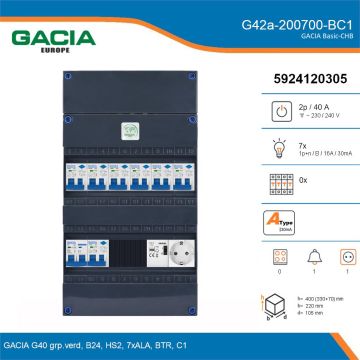 GACIA G42a-200700-BC1, 1-fase groepenkast 40A met aardlekautomaten, 7-groepen, beltrafo, 1V-contactdoos, details