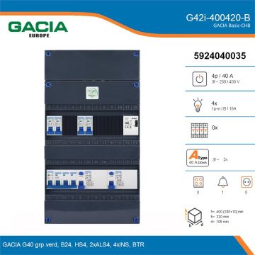 GACIA G42i-400420-B, 3-fase groepenkast 40A met installatieautomaten, 4-groepen, beltrafo, details