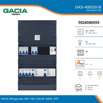 GACIA G42i-400520-B, 3-fase groepenkast 40A met installatieautomaten, 5-groepen, beltrafo, details