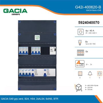 GACIA G42i-400620-B, 3-fase groepenkast 40A met installatieautomaten, 6-groepen, beltrafo, details