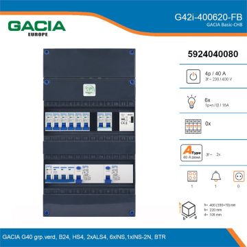 GACIA G42i-400620-FB, 3-fase groepenkast 40A met installatieautomaten, 7-groepen, fornuisgroep, beltrafo, details