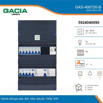 GACIA G42i-400720-B, 3-fase groepenkast 40A met installatieautomaten, 7-groepen, beltrafo, details