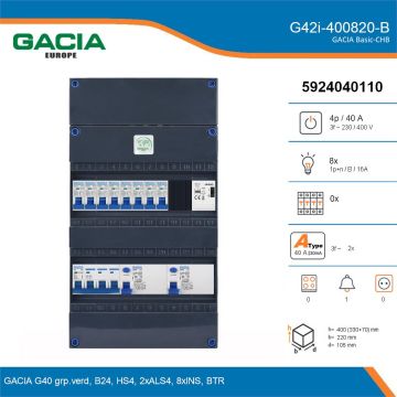 GACIA G42i-400820-B, 3-fase groepenkast 40A met installatieautomaten, 8-groepen, beltrafo, details