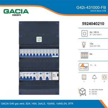 GACIA G42i-431000-FB, 3-fase groepenkast 40A met installatieautomaten, 11-groepen, fornuisgroep, beltrafo, details