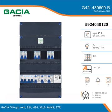 GACIA G42i-430600-B, 3-fase groepenkast 40A met installatieautomaten, 6-groepen, beltrafo, details
