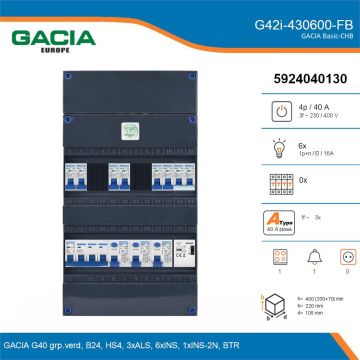 GACIA G42i-430600-FB, 3-fase groepenkast 40A met installatieautomaten, 7-groepen, fornuisgroep, beltrafo, details