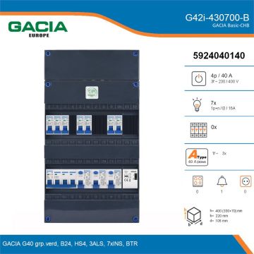 GACIA G42i-430700-B, 3-fase groepenkast 40A met installatieautomaten, 7-groepen, beltrafo, details