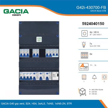 GACIA G42i-430700-FB, 3-fase groepenkast 40A met installatieautomaten, 8-groepen, fornuisgroep, beltrafo, details