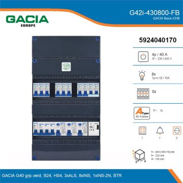 GACIA G42i-430800-FB, 3-fase groepenkast 40A met installatieautomaten, 9-groepen, fornuisgroep, beltrafo, details