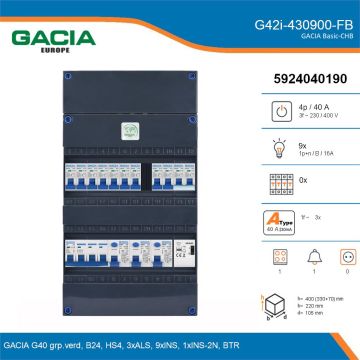 GACIA G42i-430900-FB, 3-fase groepenkast 40A met installatieautomaten, 10-groepen, fornuisgroep, beltrafo, details