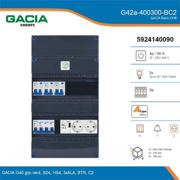GACIA G42a-400300-BC2, 3-fase groepenkast 40A met aardlekautomaten, 3-groepen, beltrafo, 2V-contactdoos, details