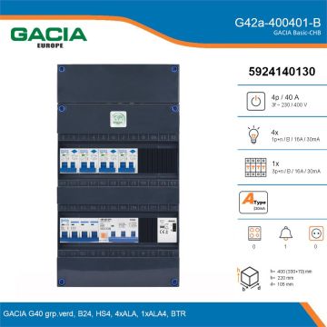 GACIA G42a-400401-B, 3-fase groepenkast 40A met aardlekautomaten, 5-groepen, beltrafo, details