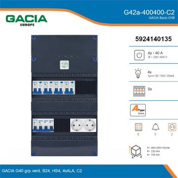 GACIA G42a-400400-C2, 3-fase groepenkast 40A met aardlekautomaten, 4-groepen, 2V-contactdoos, details
