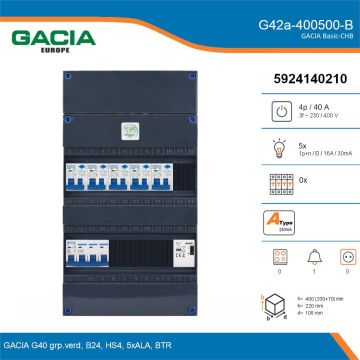 GACIA G42a-400500-B, 3-fase groepenkast 40A met aardlekautomaten, 5-groepen, beltrafo, details