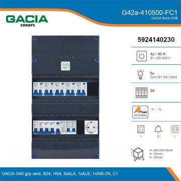 GACIA G42a-410500-FC1, 3-fase groepenkast 40A met aardlekautomaten, 6-groepen, fornuisgroep, 1V-contactdoos, details