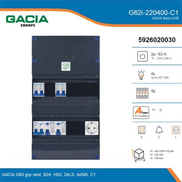 GACIA G62i-220400-C1, 1-fase groepenkast 63A met installatieautomaten, 4-groepen, 1V-contactdoos, details