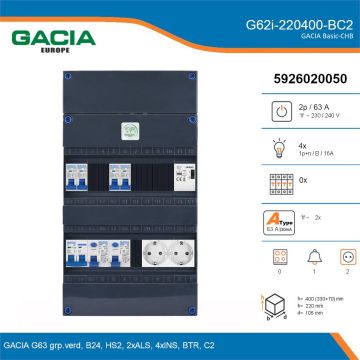GACIA G62i-220400-BC2, 1-fase groepenkast 63A met installatieautomaten, 4-groepen, beltrafo, 2V-contactdoos, details