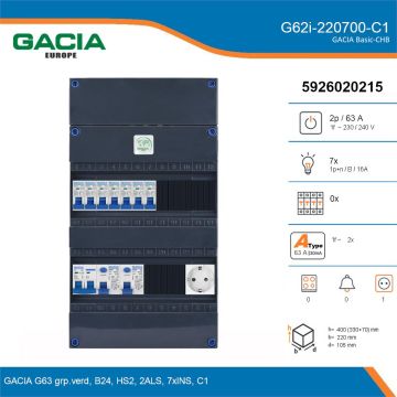 GACIA G62i-220700-C1, 1-fase groepenkast 63A met installatieautomaten, 7-groepen, 1V-contactdoos, details