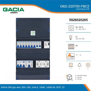 GACIA G62i-220700-FBC2, 1-fase groepenkast 63A met installatieautomaten, 8-groepen, fornuisgroep, beltrafo, 2V-contactdoos, details