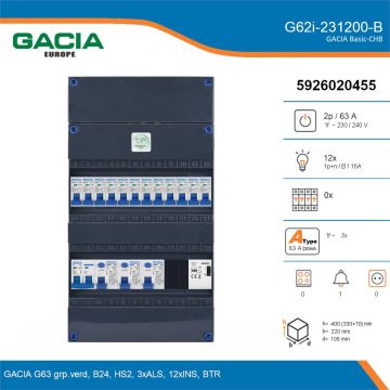 GACIA G62i-231200-B, 1-fase groepenkast 63A met installatieautomaten, 12-groepen, beltrafo, details