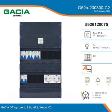 GACIA G62a-200300-C2, 1-fase groepenkast 63A met aardlekautomaten, 3-groepen, 2V-contactdoos, details
