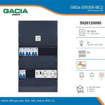 GACIA G62a-200300-BC2, 1-fase groepenkast 63A met aardlekautomaten, 3-groepen, beltrafo, 2V-contactdoos, details